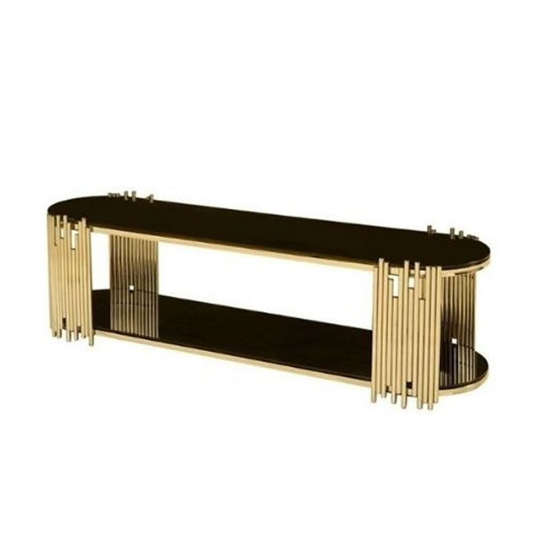 SMTE - Black Glass Top and a Titanium Golden Stainless Steel Base TV Stand