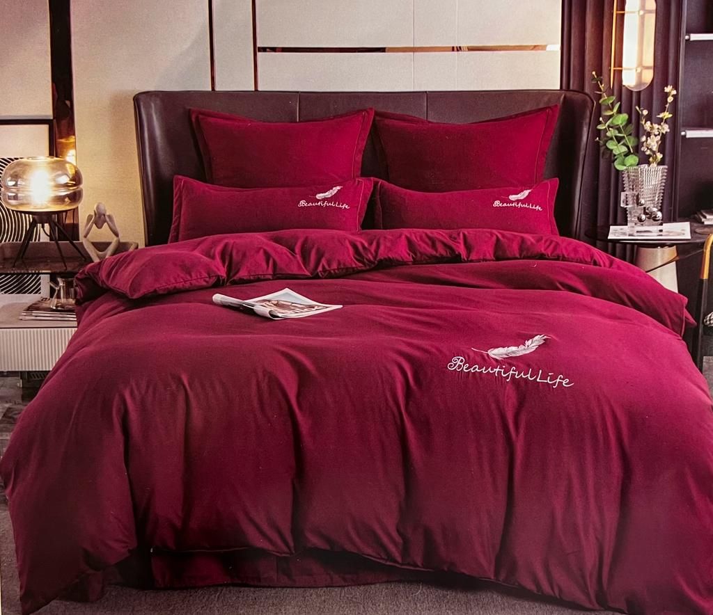 SMTE - Cotton Plain Beautiful Feather Queen Duvet Cover - Red
