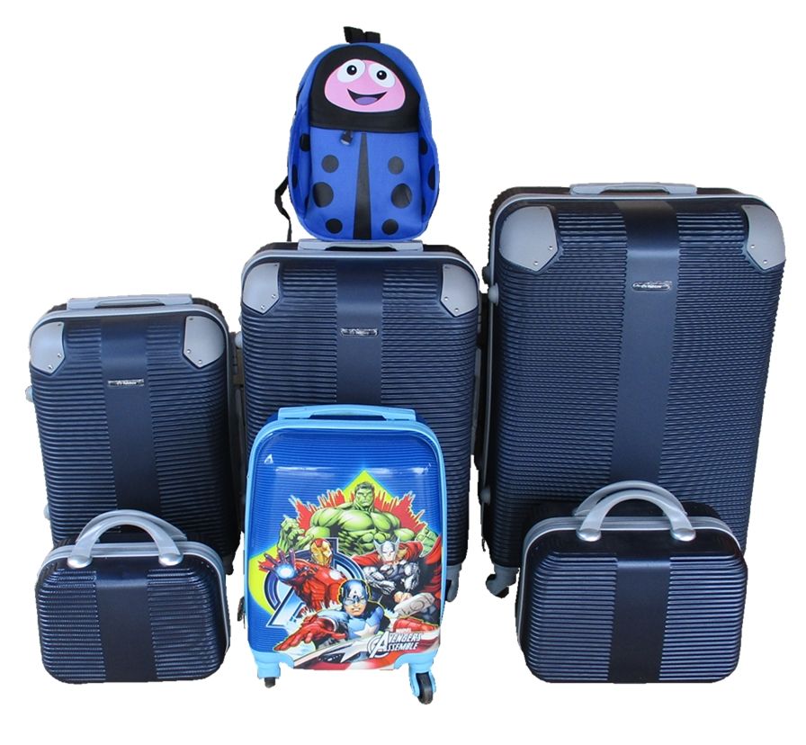 SMTE - 5Piece Family Luggage SetNavy ABS Trolleys + Avengers Case & Ladybug Bag