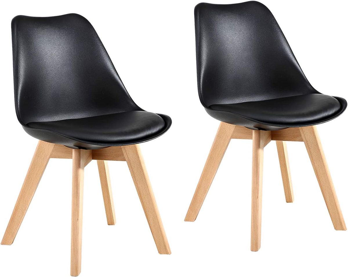 SMTE - Dining Chairs with Cushioned Seat & Wooden Legs - Set of 2 - Black