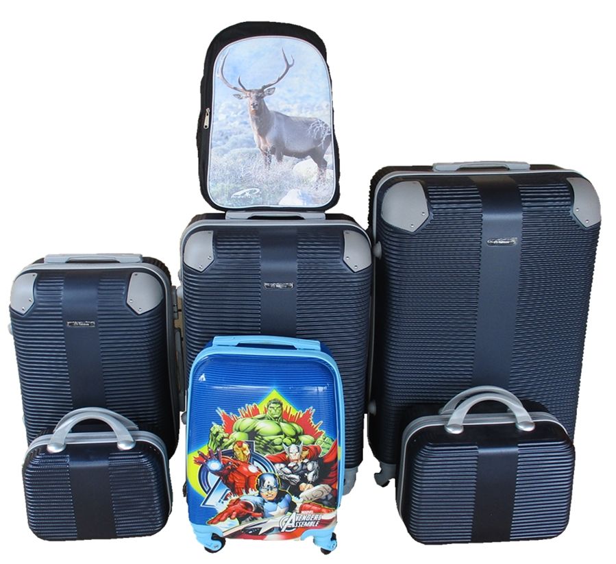SMTE - 5Piece ABS Family Luggage SetNavy Suitcases+Avengers kids case & Deer Bag