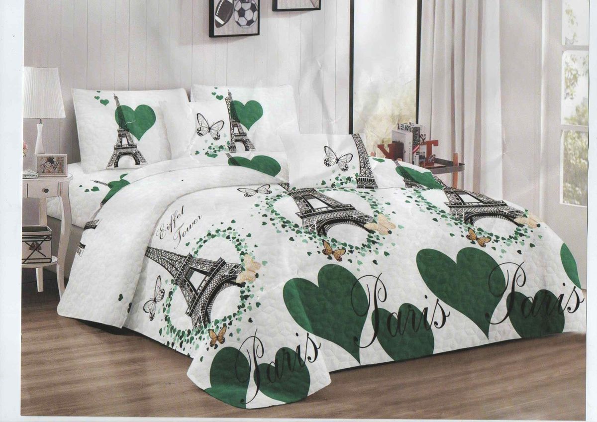 SMTE - Bedspread Set 5 Piece Microfiber - F14 - D6 - (Green & White) - Queen