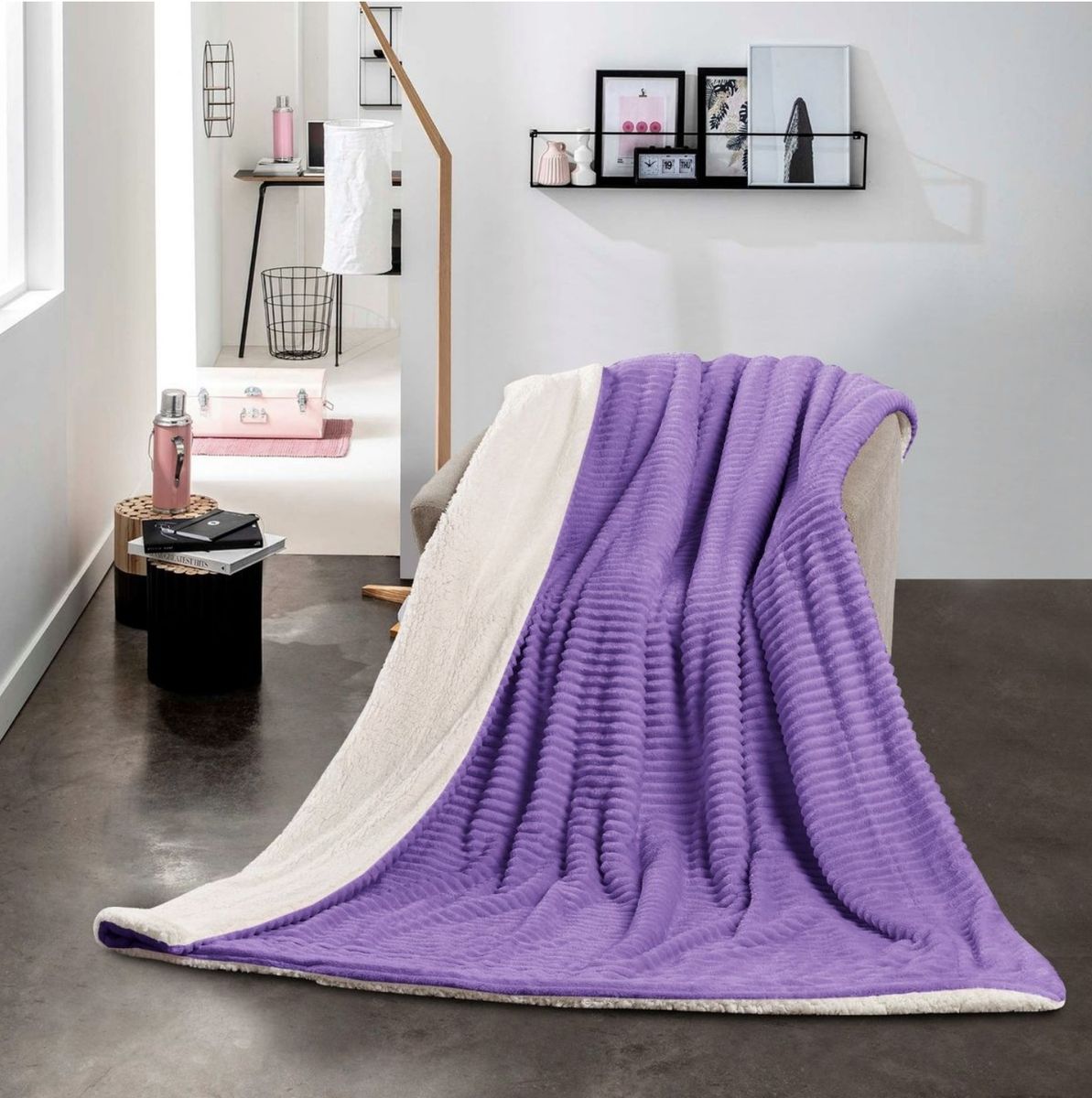 SMTE - Sastro - New Reversible Throw Striped Flannel Sherpa Fleece Blanket - Purple