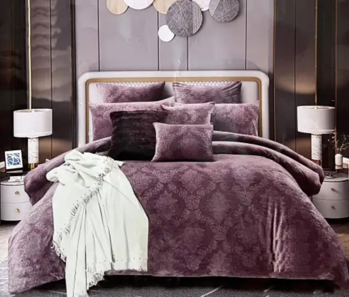 SMTE - Aliyaset- 8 Piece Velvet Touch King Size Grey Home Bedding Comforter Set