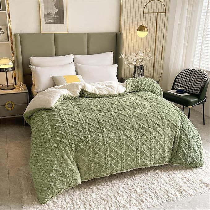 SMTE - 5-Piece Thickened Lamb Cashmere Blanket Bedding Set - Double/Queen - Lightgreen