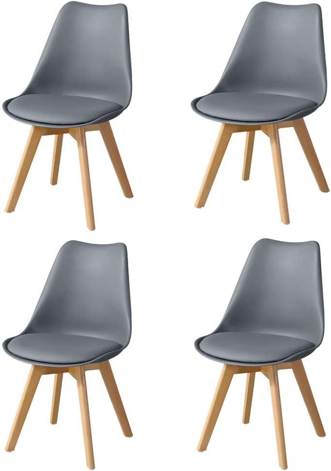 SMTE - Dining Chairs with Cushion Seat, Wooden Legs (White) - Set of 4 - Grey