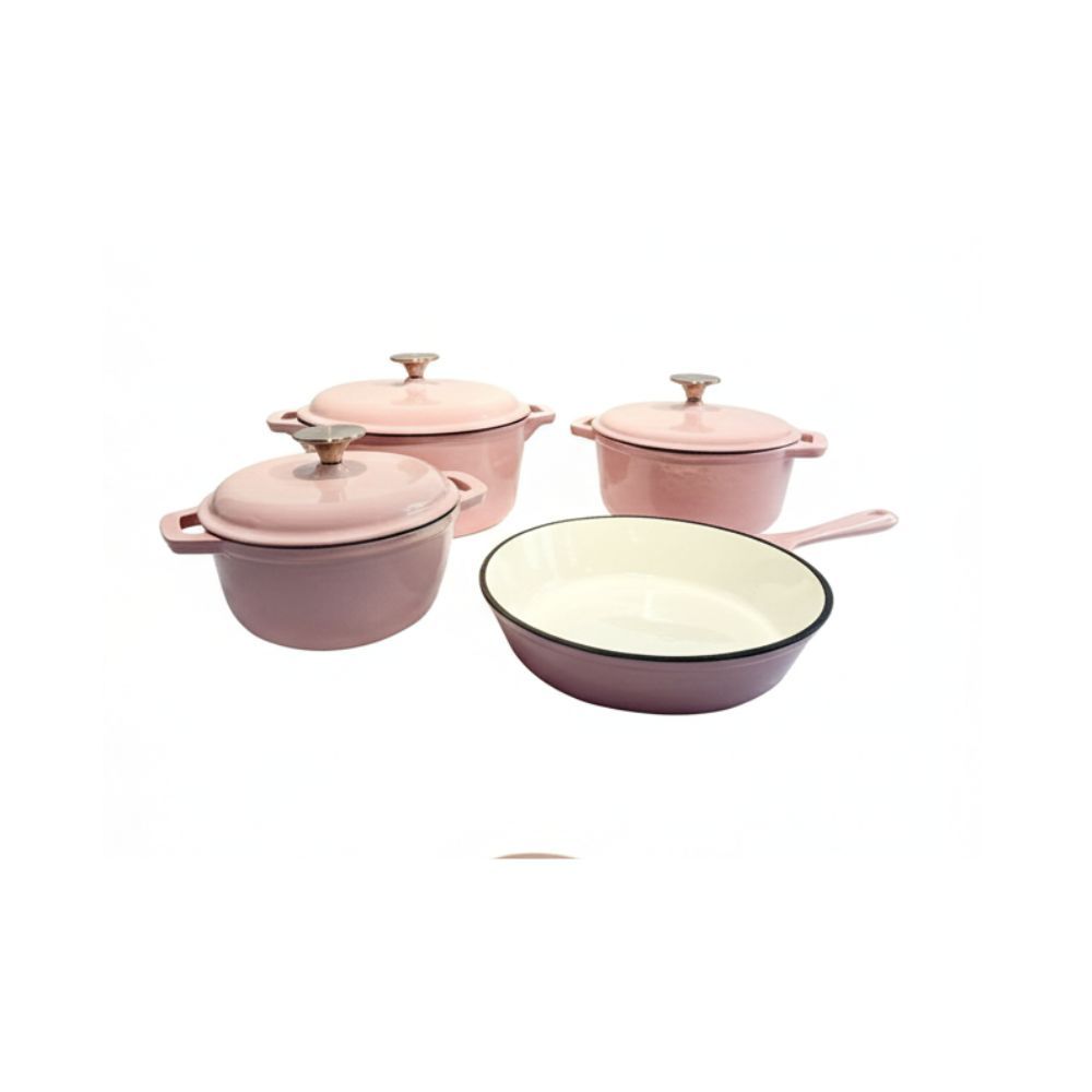 7-Piece Premium Ceramic Glazed Cast Iron Dutch Oven & Skillet Set - Pink