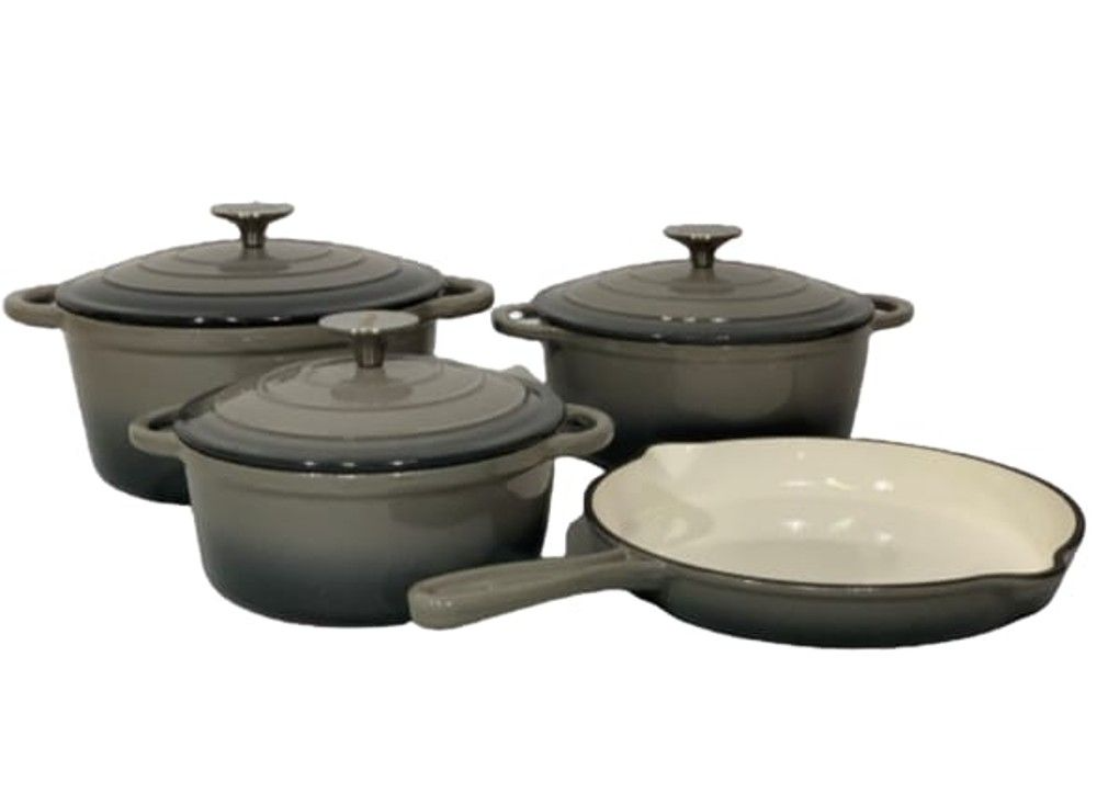 7-Piece Premium White Ceramic Cast Iron Dutch Oven & Cookware Set - Grey