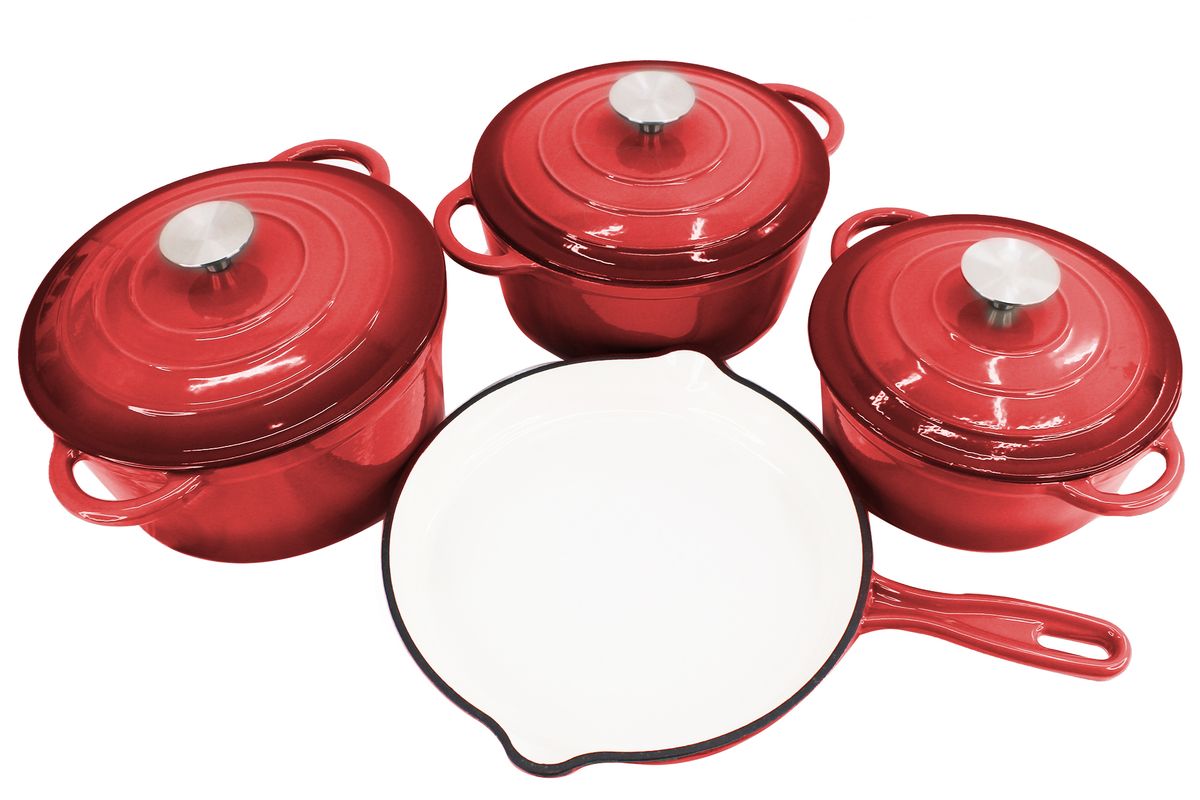 Delicate 7 Piece Cast Iron Dutch Oven Cookware Pot & Stout Pan Set - Red