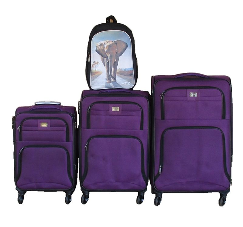 Purple 3-Piece Expandable Fabric Spinner Luggage Set with Elephant Backpack
