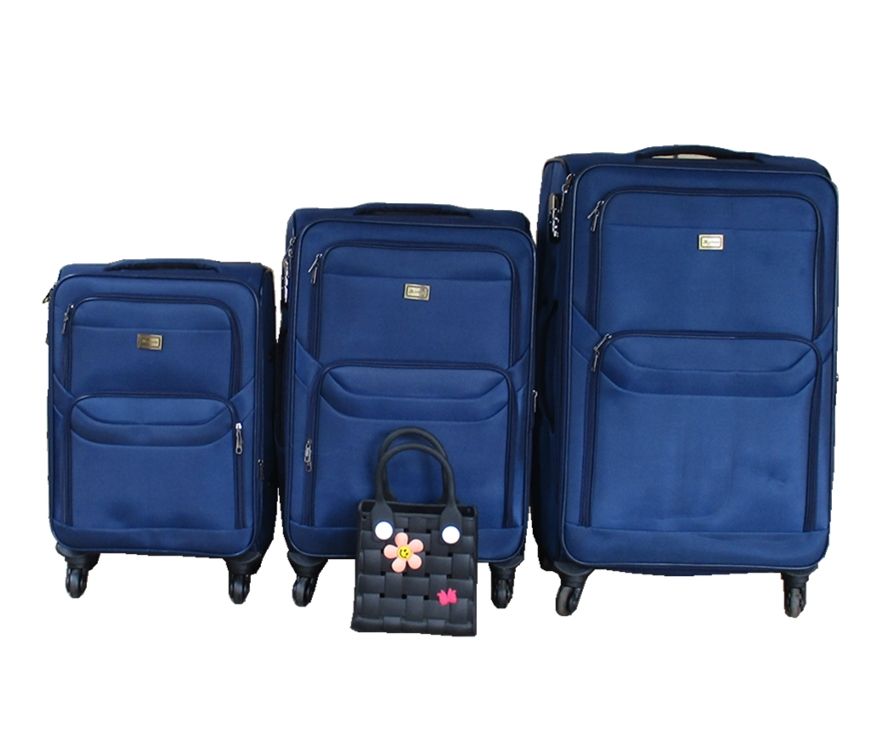 3-Piece Navy Fabric Luggage Set with Spinner Wheels & Decorative Handbag