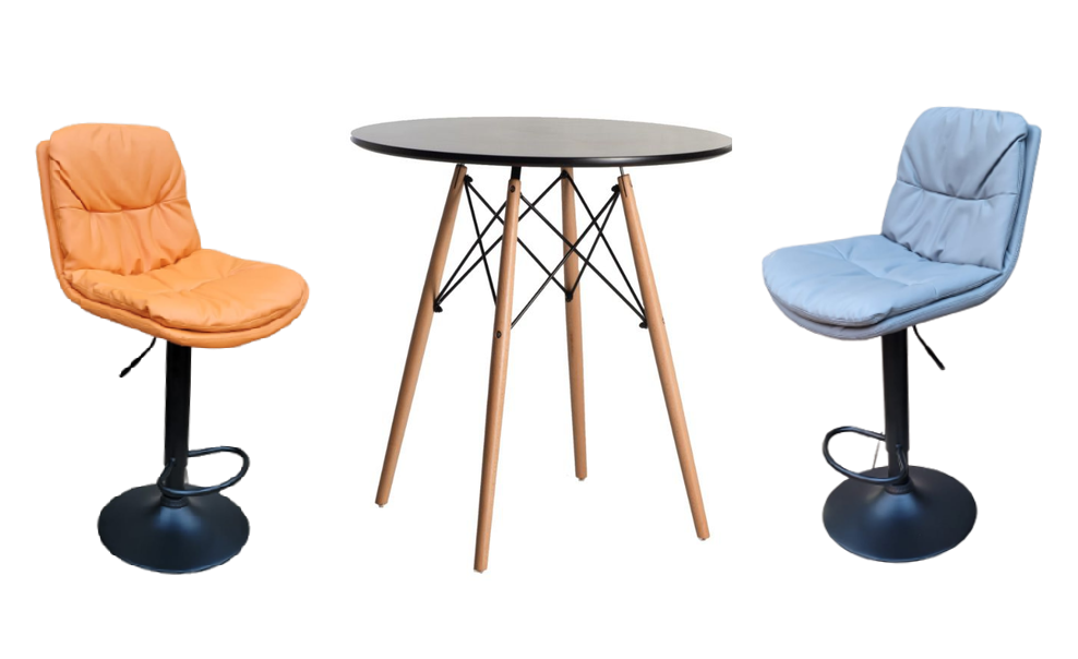 Soft Padded Perla Black Based Bar Stool and Black Wooden Leg Table Set - Orange