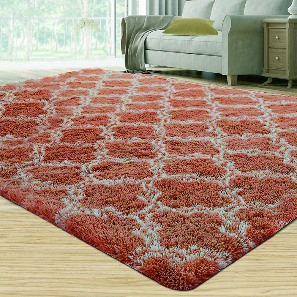 200cm x 150cm Geometric Shaggy Plush Carpet - Fluffy Two Tone - Brown