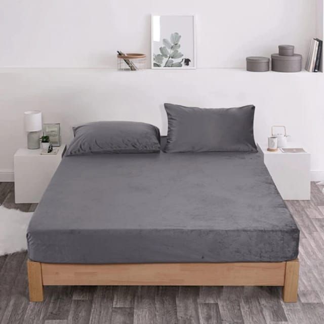 3 Piece Warm Soft Velvet Fitted Sheet King size - Dark Grey