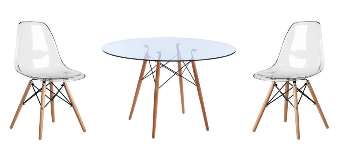 3 Piece Glass Table and Clear Wooden Leg Chairs