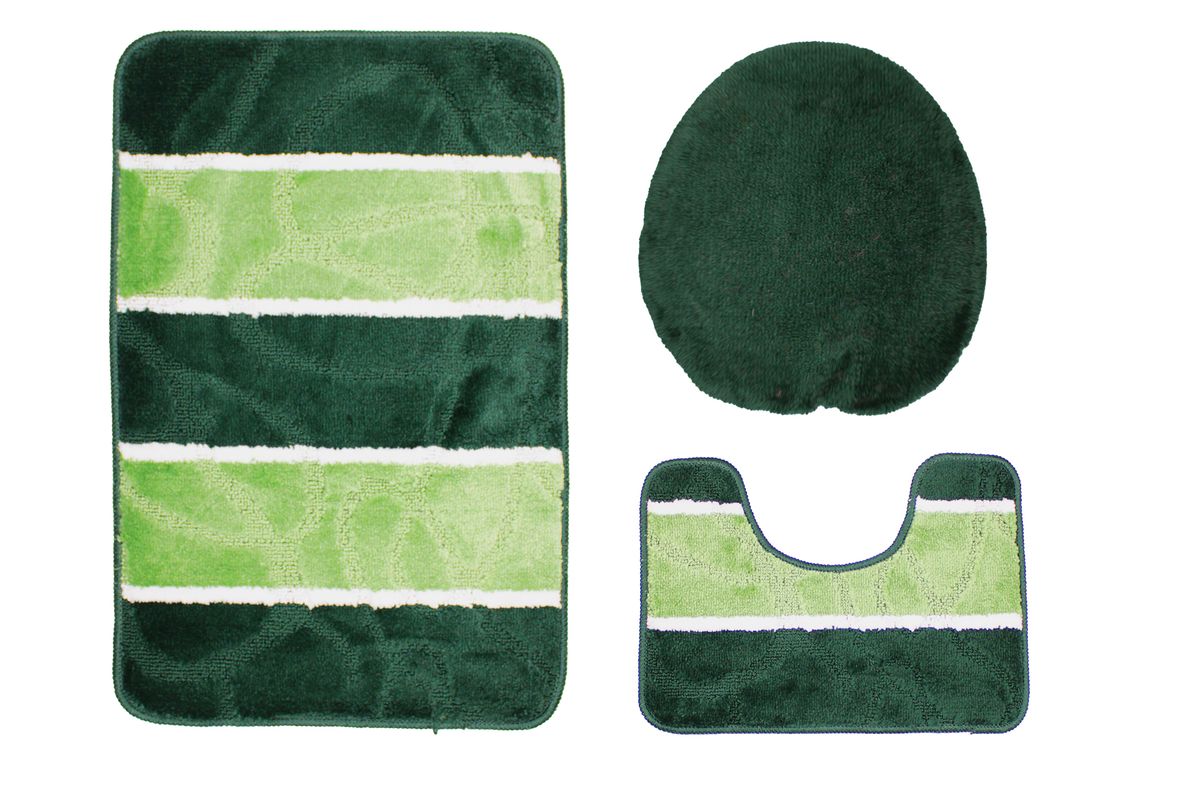 White Striped 3 Piece Non-Slip Turkish Toilet Cover & Mat Set D.GRN/L.GRN