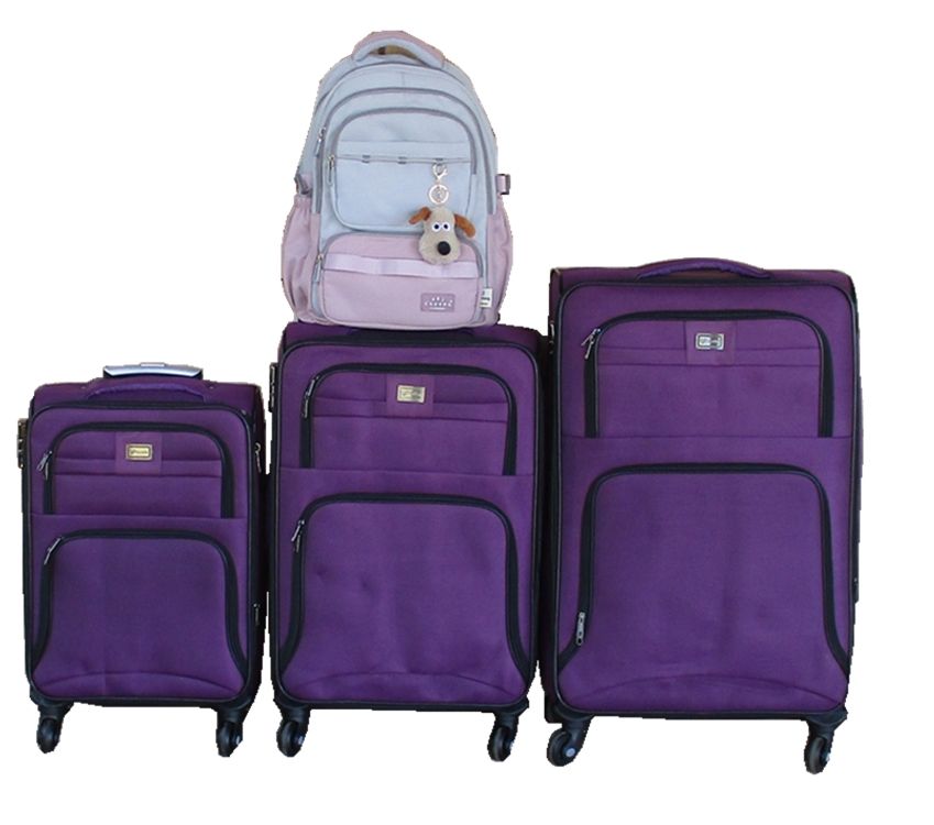 Purple 3-Piece Expandable Fabric Spinner Luggage Set with Two-Tone Backpack