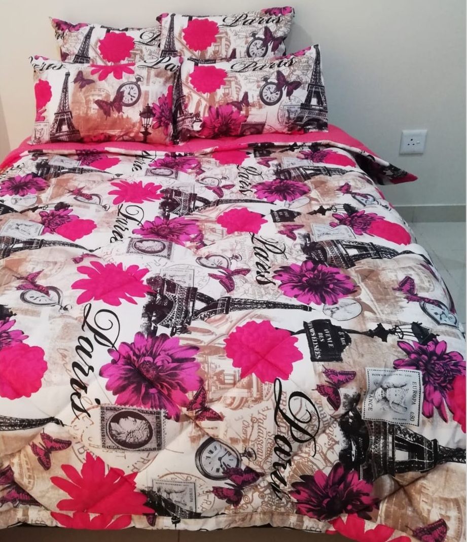 5 Piece Quilted Comforter Pink Paris Set - Double