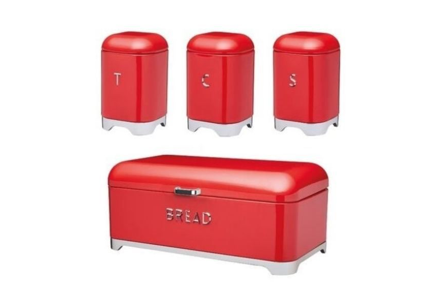Bread Bin With Tea Coffee Sugar Canister Set - Retro 4 Piece - Red & Silver