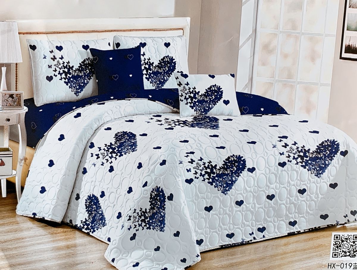 Bedspread Set Queen 5 Piece Microfiber White Blue Heart