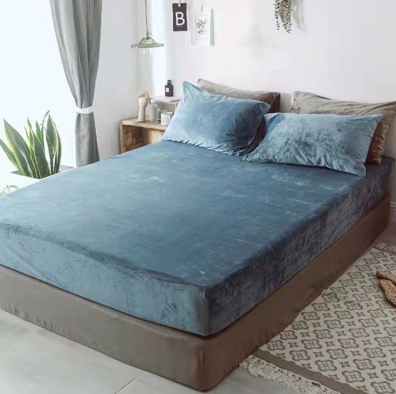 3 Piece Warm Soft Velvet Fitted Sheet King size - Blue
