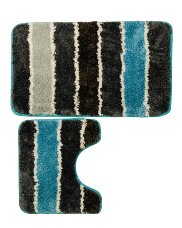 2 Piece Bathroom Mat Fluffy Blue & Grey Plain