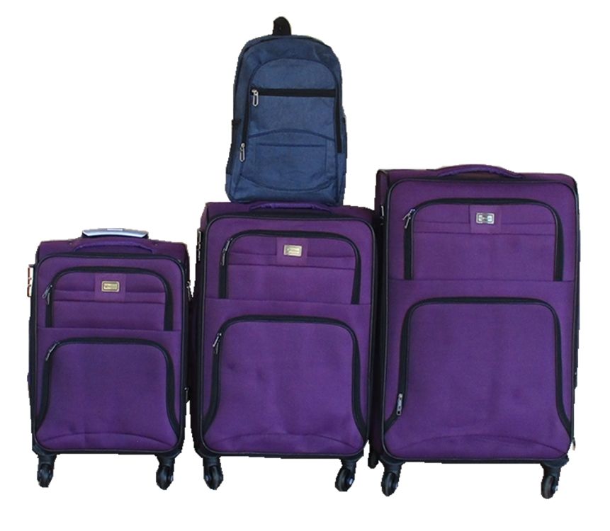 3-Piece Fabric Spinner Luggage Set with Navy Backpack - Purple