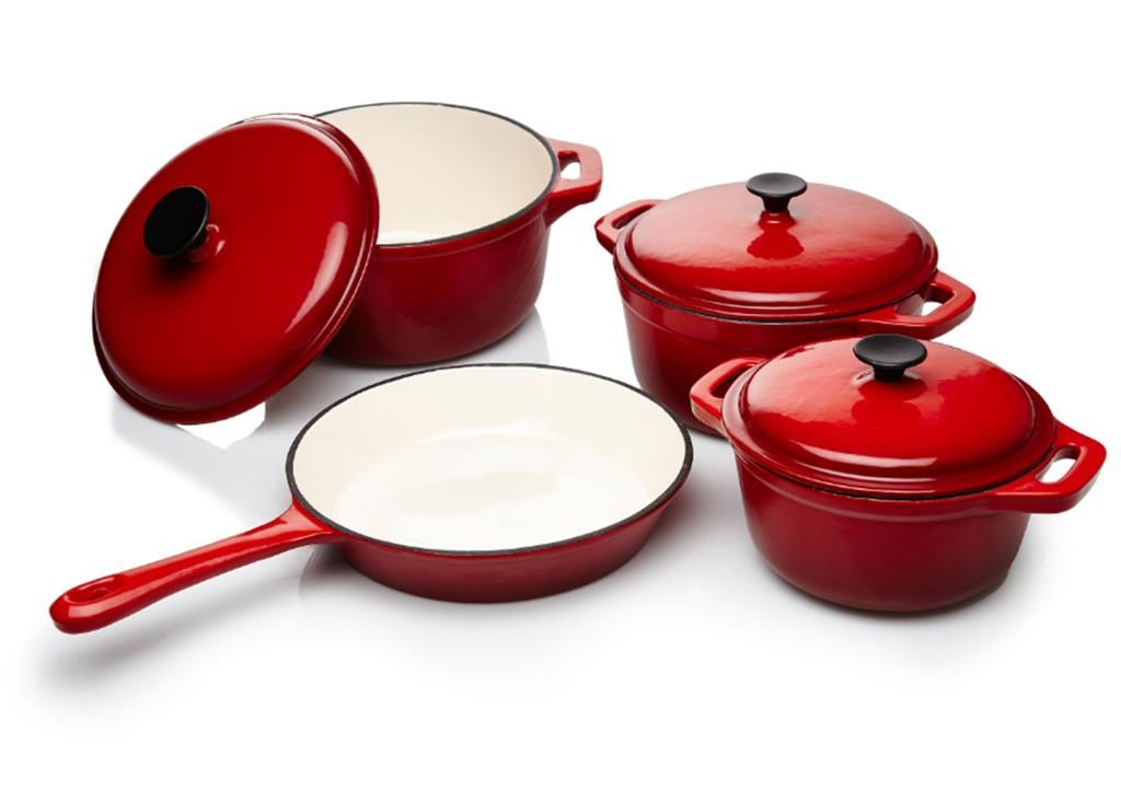 7-Piece Enamelled Cast Iron Cookware Set - Red