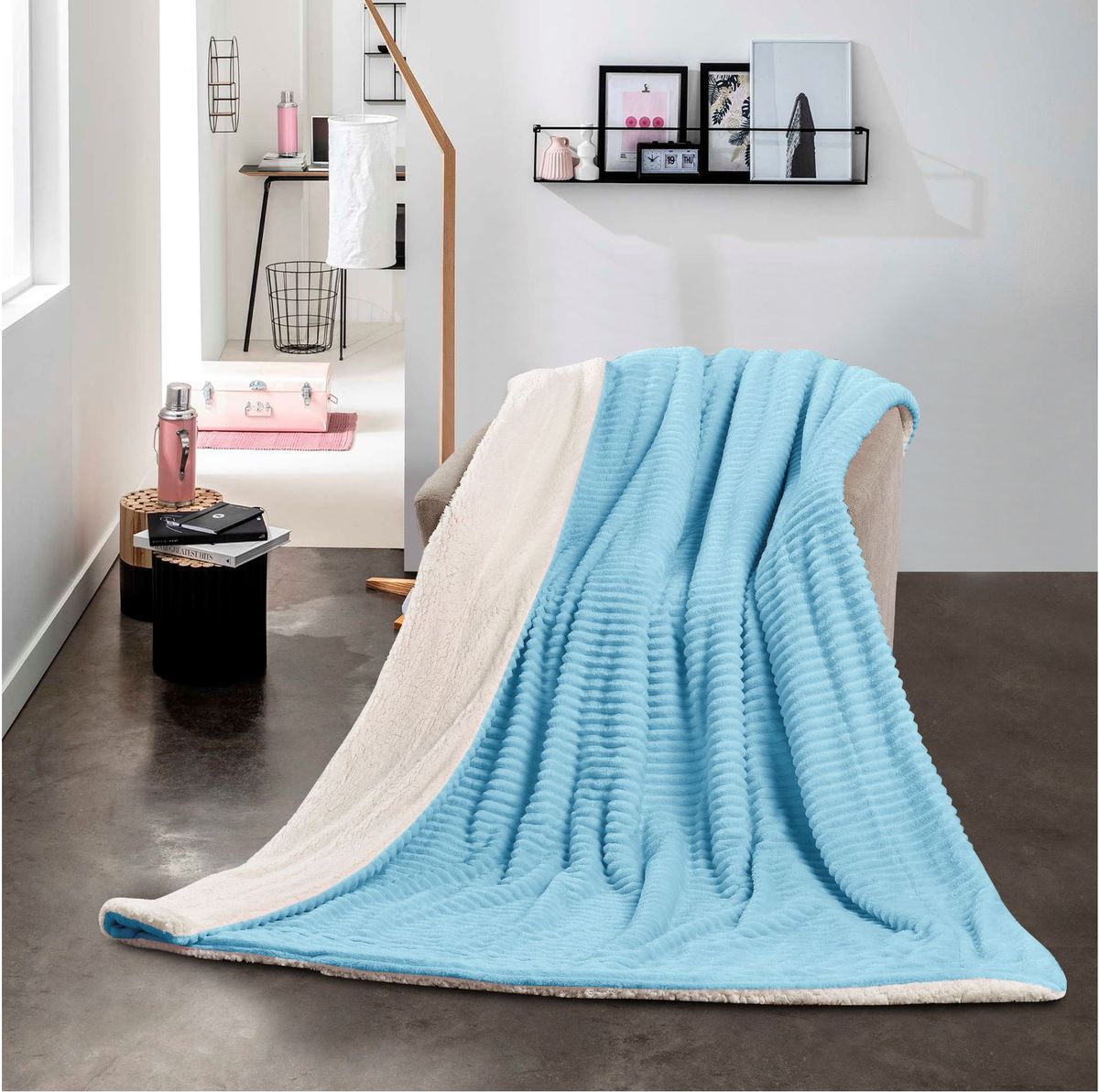 Linen Boutique - New Reversible Throw Striped Flannel Sherpa Blanket - Blue