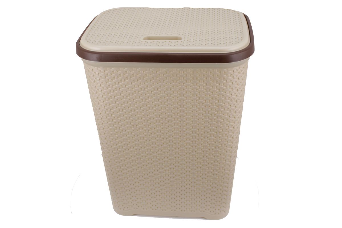 Two Tone Reed Weave Replica PVC Laundry Basket with Hinge Lid - Cream