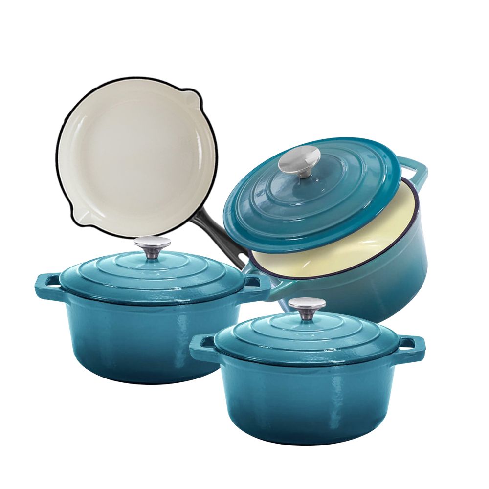 DH - The Best 7 Piece Enameled Cast Iron Dutch Oven Cookware Set - Turquoise Blue