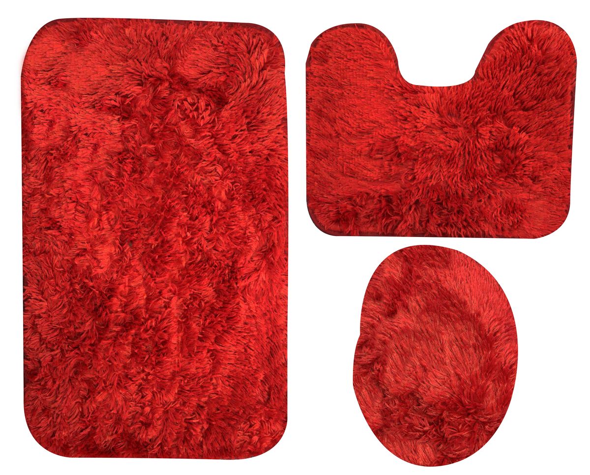 3 Piece Fluffy Toilet Seat Cover & Bathroom Mats Set - Red