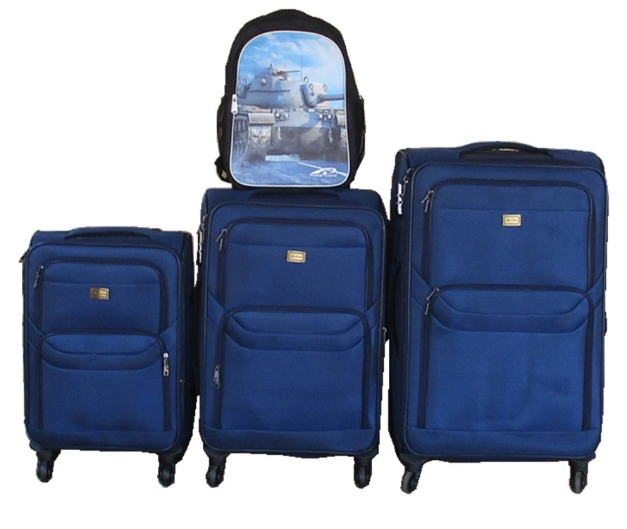 3-Piece Navy Fabric Spinner Luggage Set with Military Vehicle Backpack
