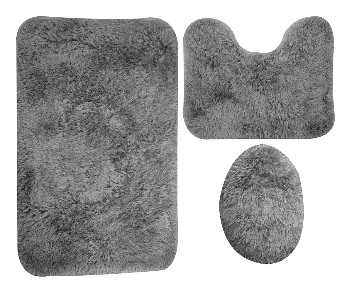 3 Piece Fluffy Toilet Seat Cover & Bathroom Mats Set - Grey
