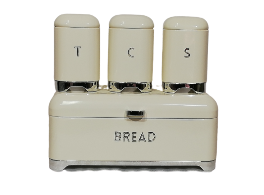 Bread bin & Cannister Set 4pc Retro Beige & Silver