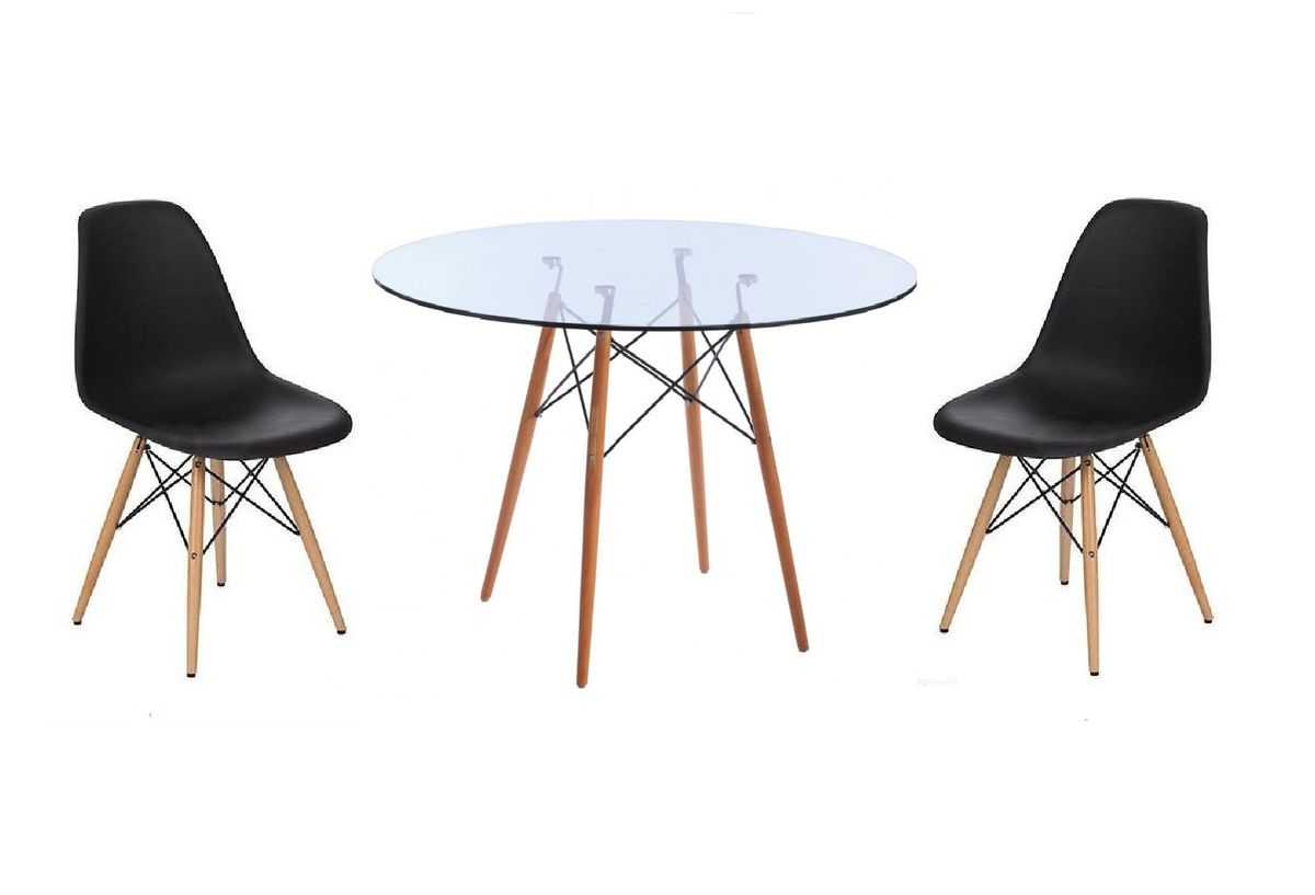 Glass Table and Wooden Leg Chairs (3 piece set) - Black