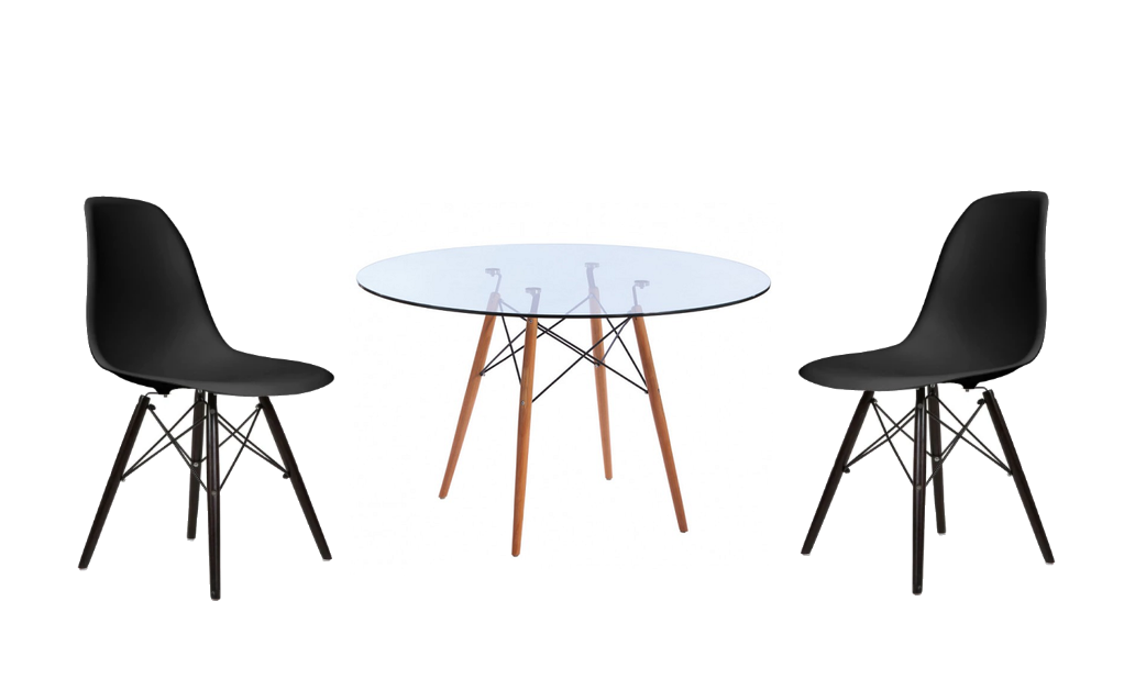 Modern 3 Piece Glass Table and Black Wooden Leg Chairs