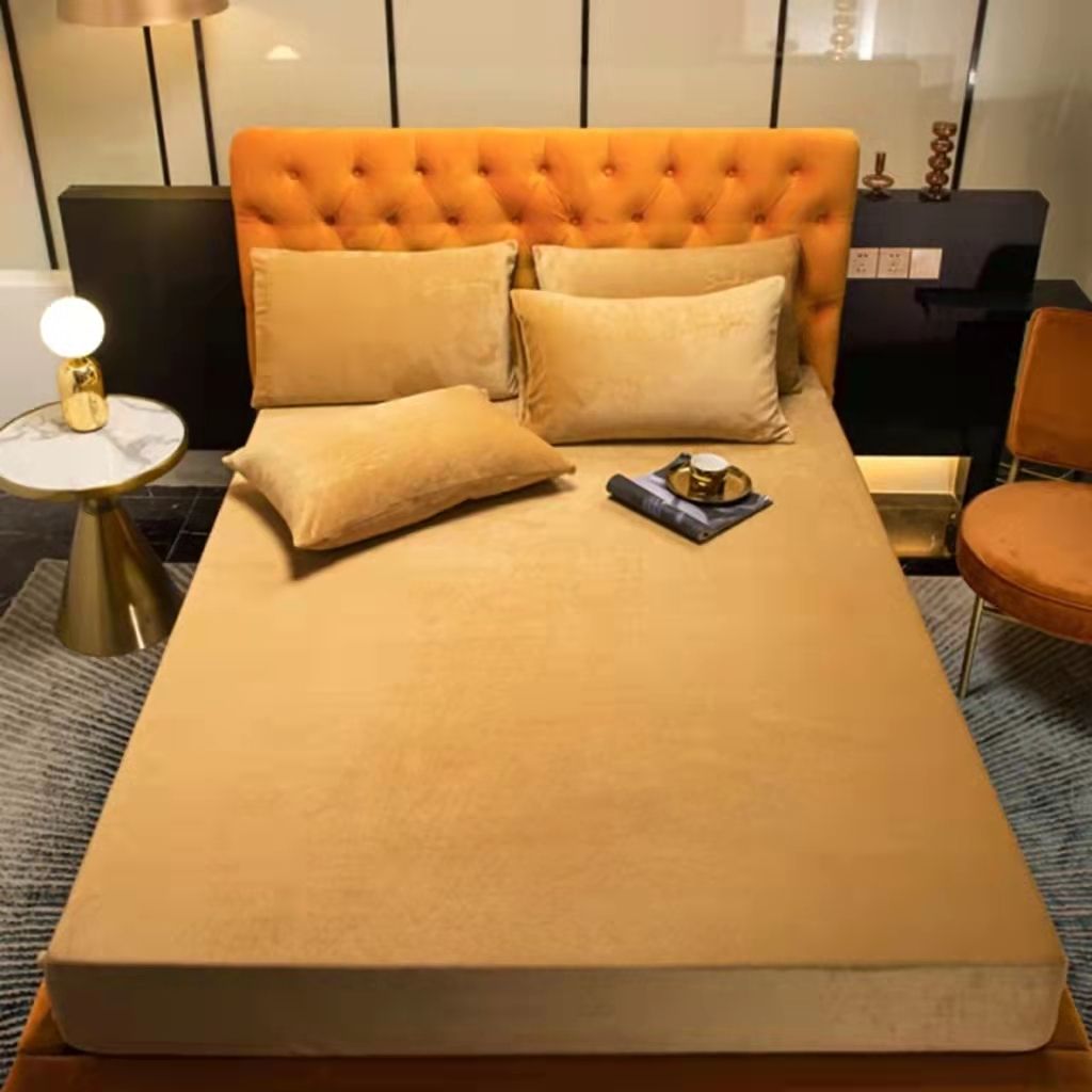 3 Pieces Colorful Velvet Fitted Sheet Queen Size with 2 Pillow Cases - Light Brown