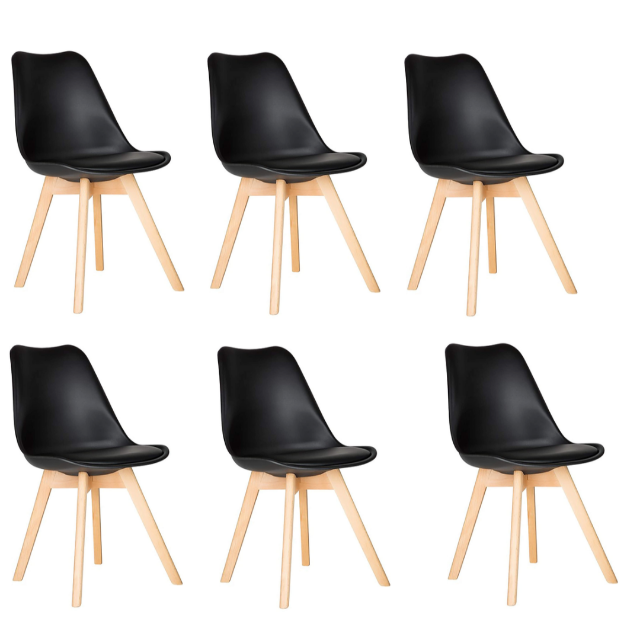 Dining Chairs - Cushioned Seat / Wooden Legs - 6 Pack - - Black