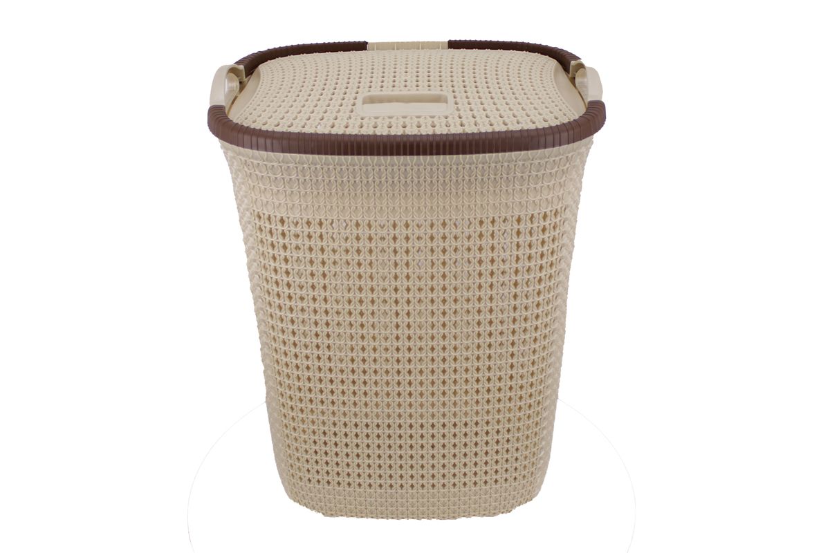 Two Tone PVC Mesh Weave Laundry Basket with Push-2-Lock Lid - Cream