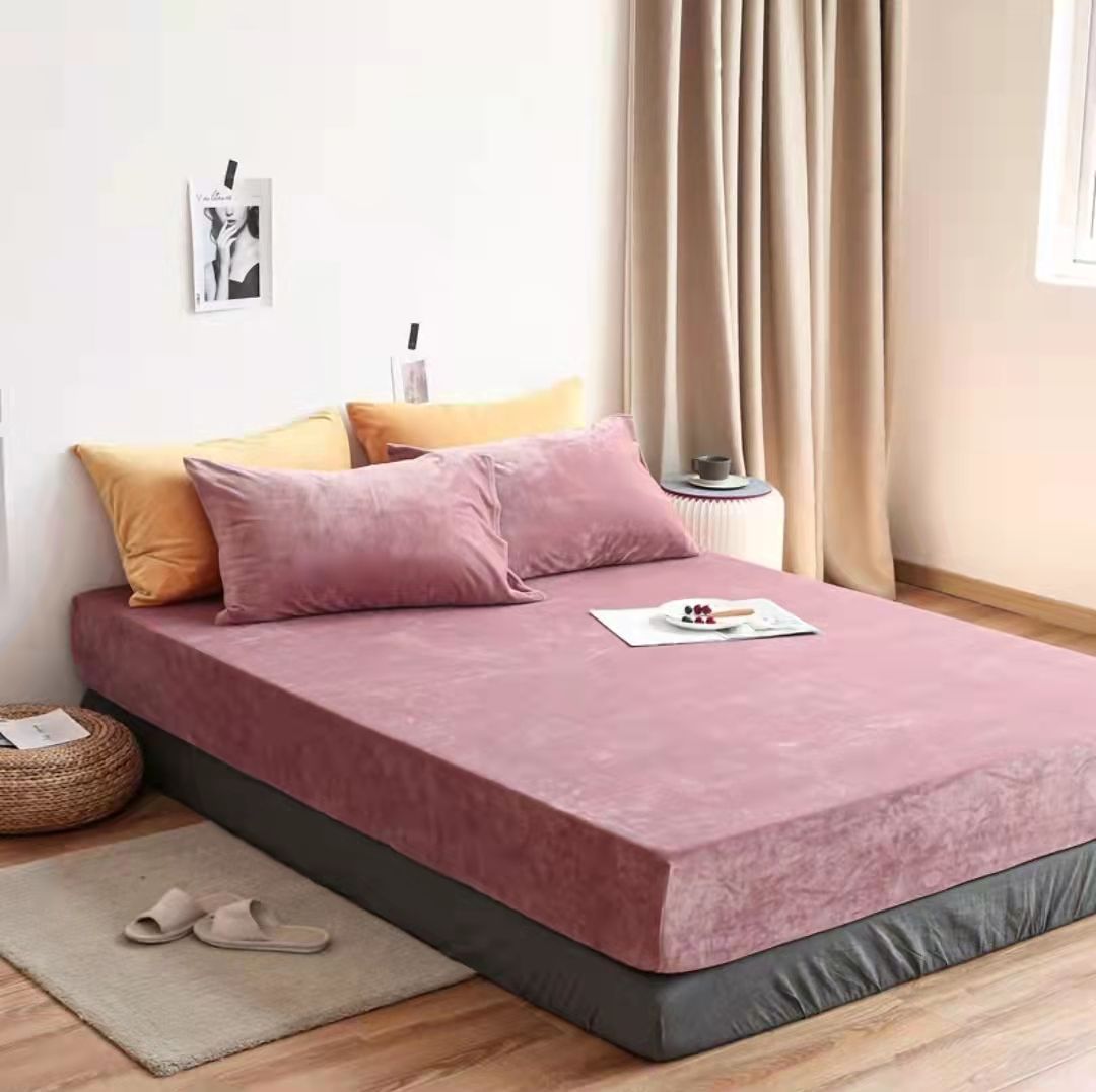 3 Pieces Colorful Velvet Fitted Sheet Queen Size with 2 Pillow Cases - Pink
