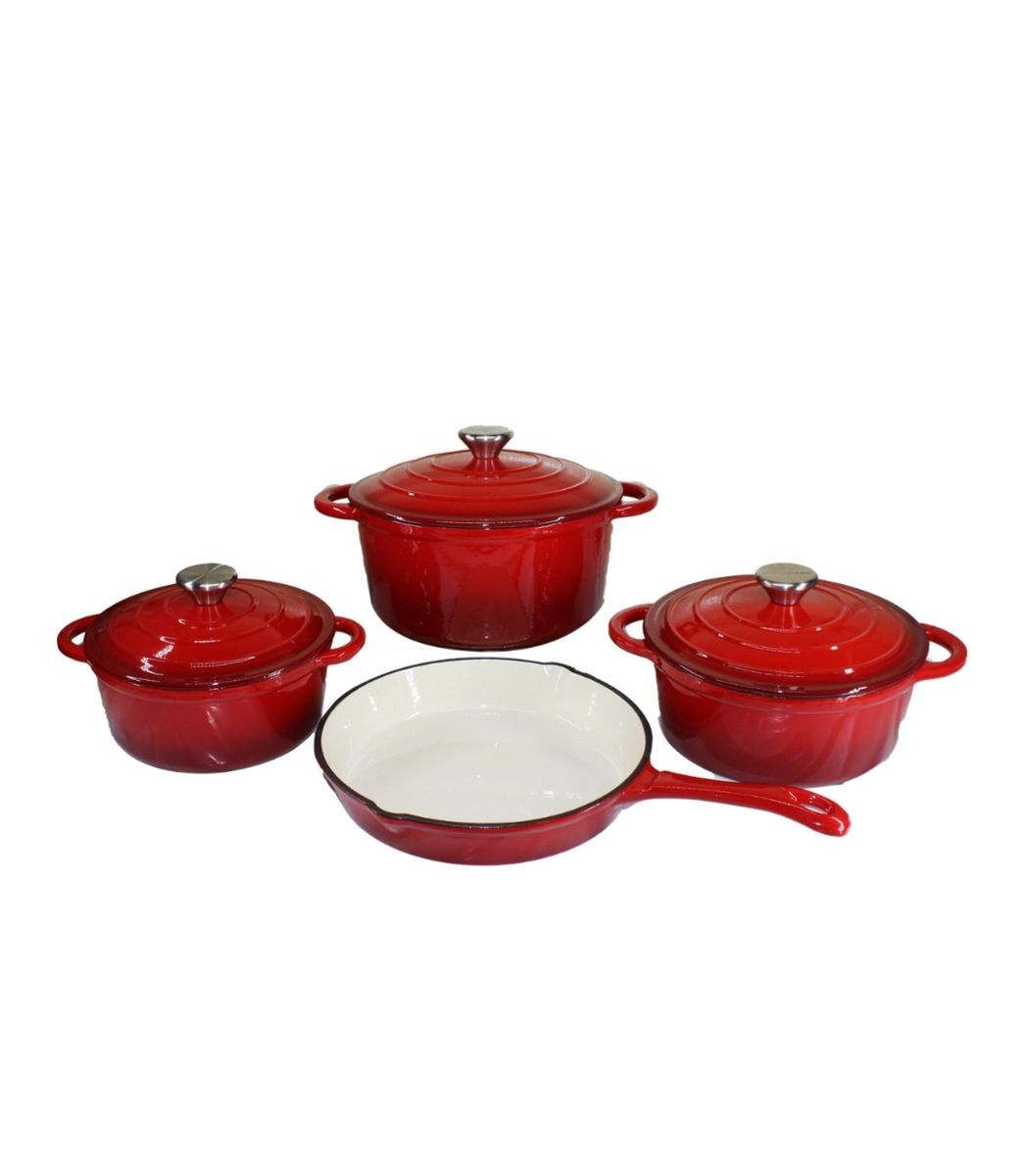 7 Piece Authentic Cast Iron Dutch Oven Cookware Pot Set - Red