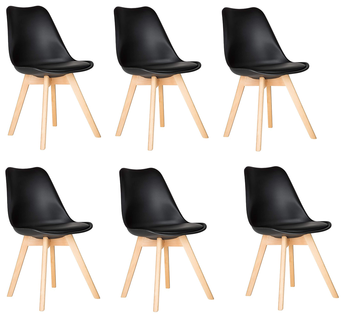 Dining Chairs with Cushioned Seat & Wooden Legs - 6-Pack - Black