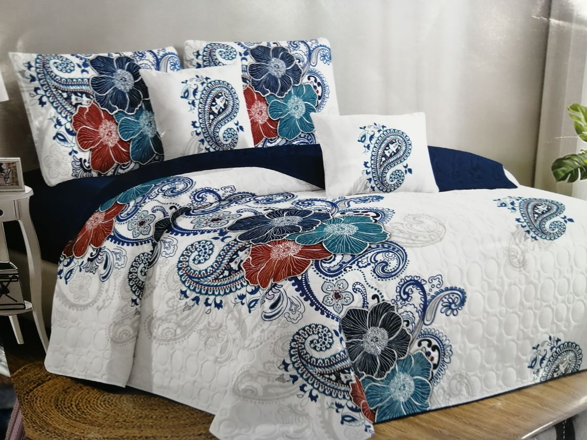 5 Piece Quilt Set Blue Flower Bedspread Set