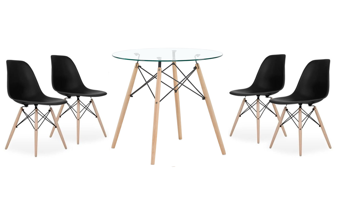 5 Piece Round Glass Table With 4 Chairs (Black)
