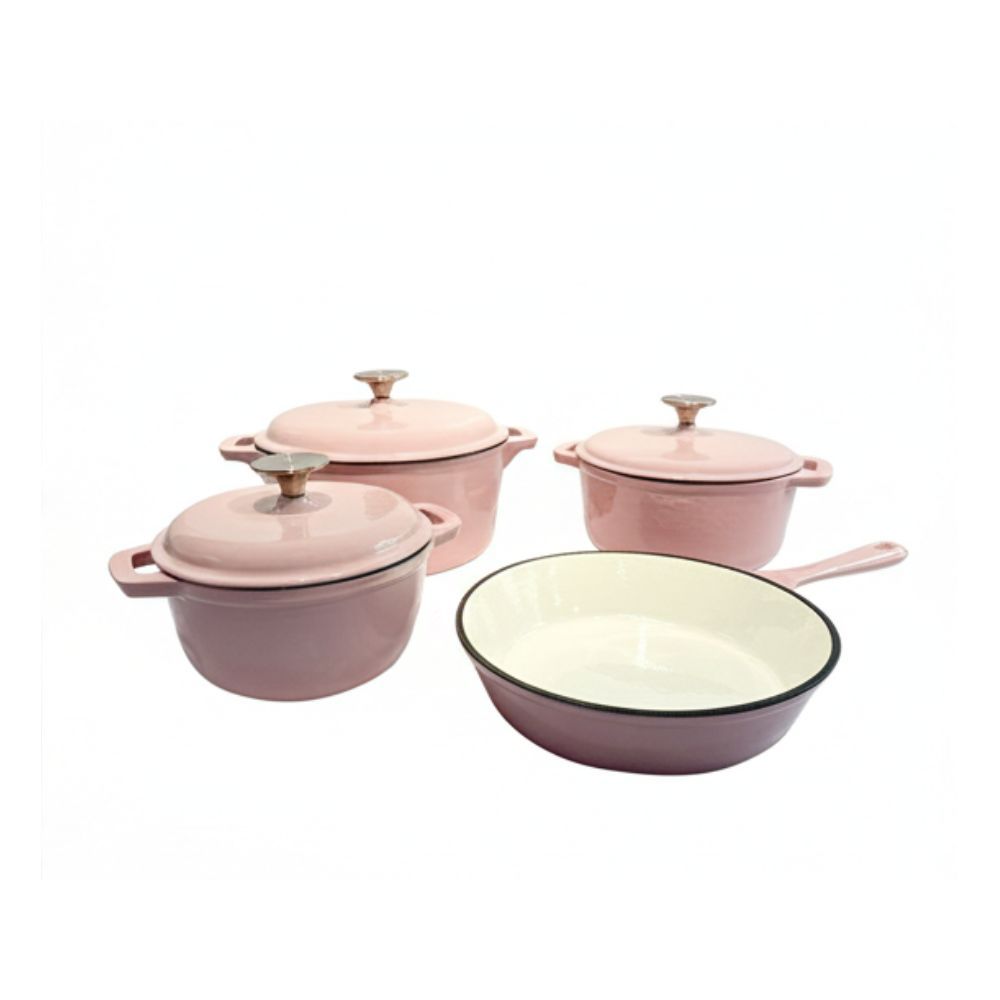 7-Piece Premium White Ceramic Cast Iron Dutch Oven & Cookware Set - Pink