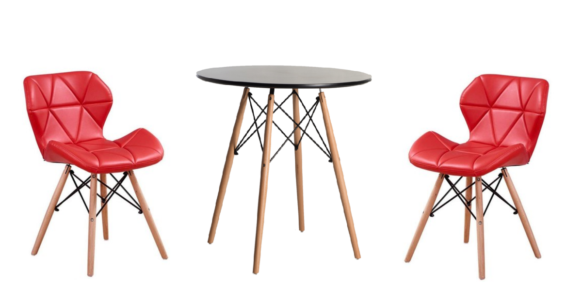 Modern Wooden Round Dining Table with 2 Soft Padded PU Leather Chairs - Red