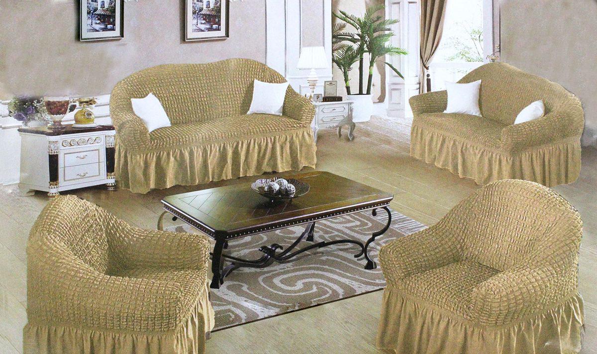 Decadent Ruffled 4 Piece Sofa & Couch Slipcover Set -2 + 2 + 1 + 1 - DS4