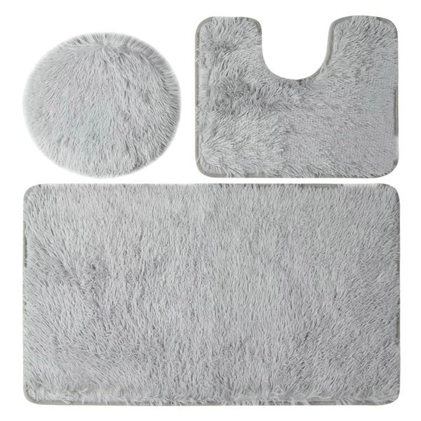 3 Piece Non-Slip Plush Fluffy Toilet Seat Cover & Bathroom Mats Set - Comet