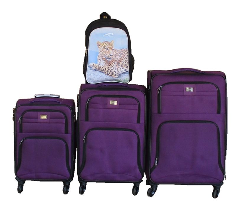 Purple 3-Piece Fabric Spinner Luggage Set with Leopard Print Backpack
